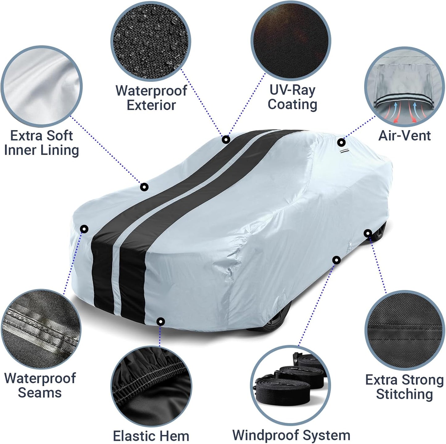 iCarCover Custom Car Cover for Pontiac Parisienne Wagon (1965-1970) Waterproof All-Weather Rain Snow UV Sun Protector Full Exterior Indoor Outdoor Car Cover (Stripe - Gray/Black)
