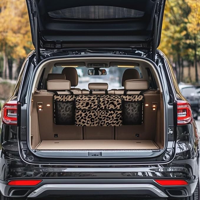 Brown Leopard Print Trunk Organizers for Men Hanging Storage Bins, Foldable Backseat Organizer for SUVs & Sedans, Sturdy Car Organization Accessories