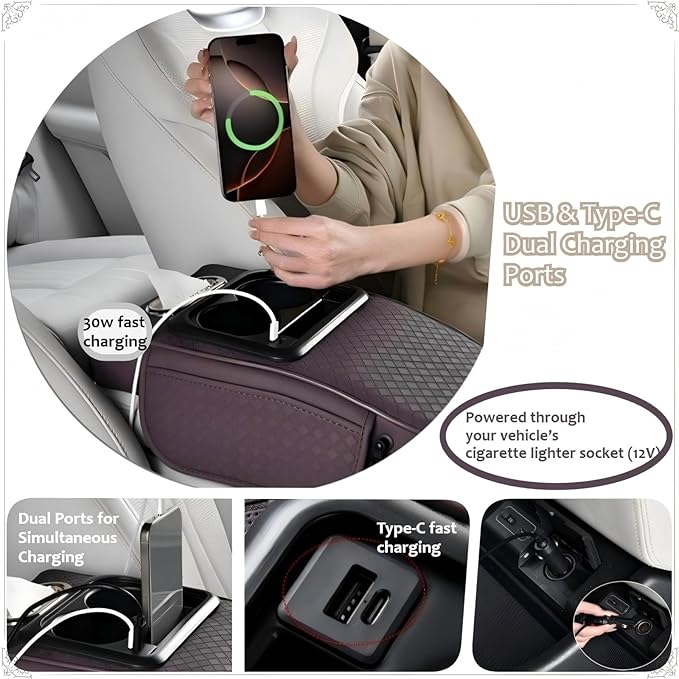 2026 Enhanced Car Center Console Armrest Cushion with USB& Type-C Charging, PU Leather Console Pad with Cup Holders, Storage& Tissue Outlet for Most Vehicles (Sloped Version, Coffee)