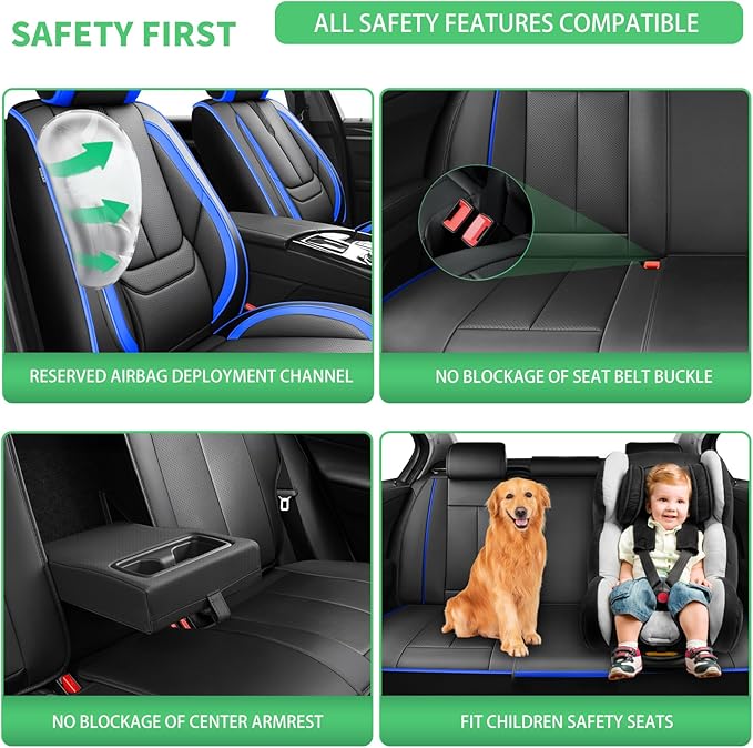 Fit Ioniq Car Seat Covers for Hyundai Ioniq 2017-2024 2025 2026 - Upgraded Premium Waterproof & Breathable Leather,Airbag Compatible,All-Weather Seat Cushion Protector,Full Set,Black-Blue