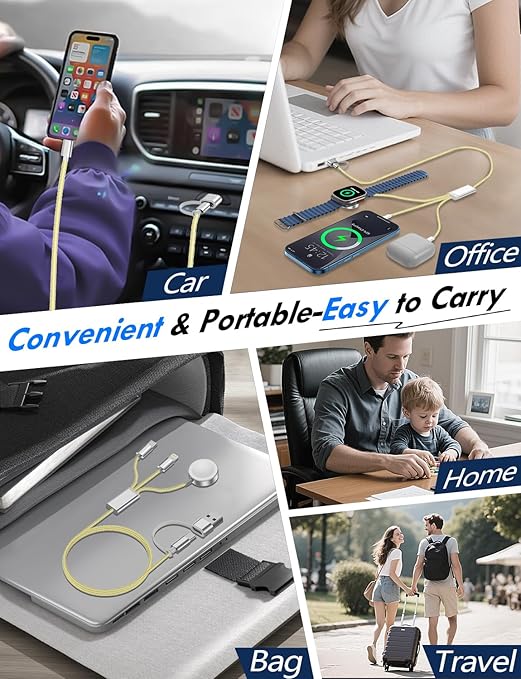 2Pack Multi Charging Cable Cord for Travel Essentials,Apple Watch Charger,iPhone Charger,[3-in-2] Type C/L Cable Portable Designed for iWatch,iPhone 17-8,Galaxy S25-21,AirPods,iPad-4FT Yellow