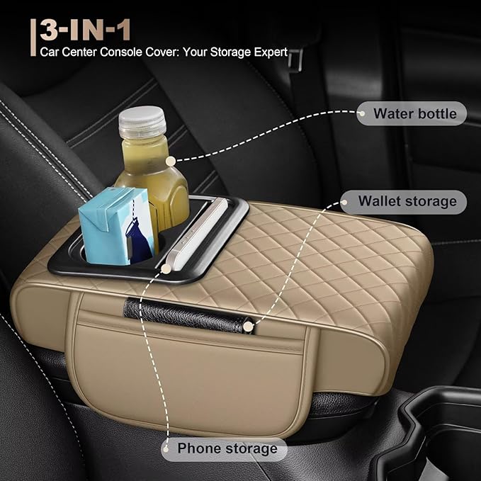 Center Console Cover Fit for Avalon Faux Leather Car Armrest Cushion with Storage Bags, Cup Holder ＆ Phone Storage Multifunctional Middle Console Cover(Beige)