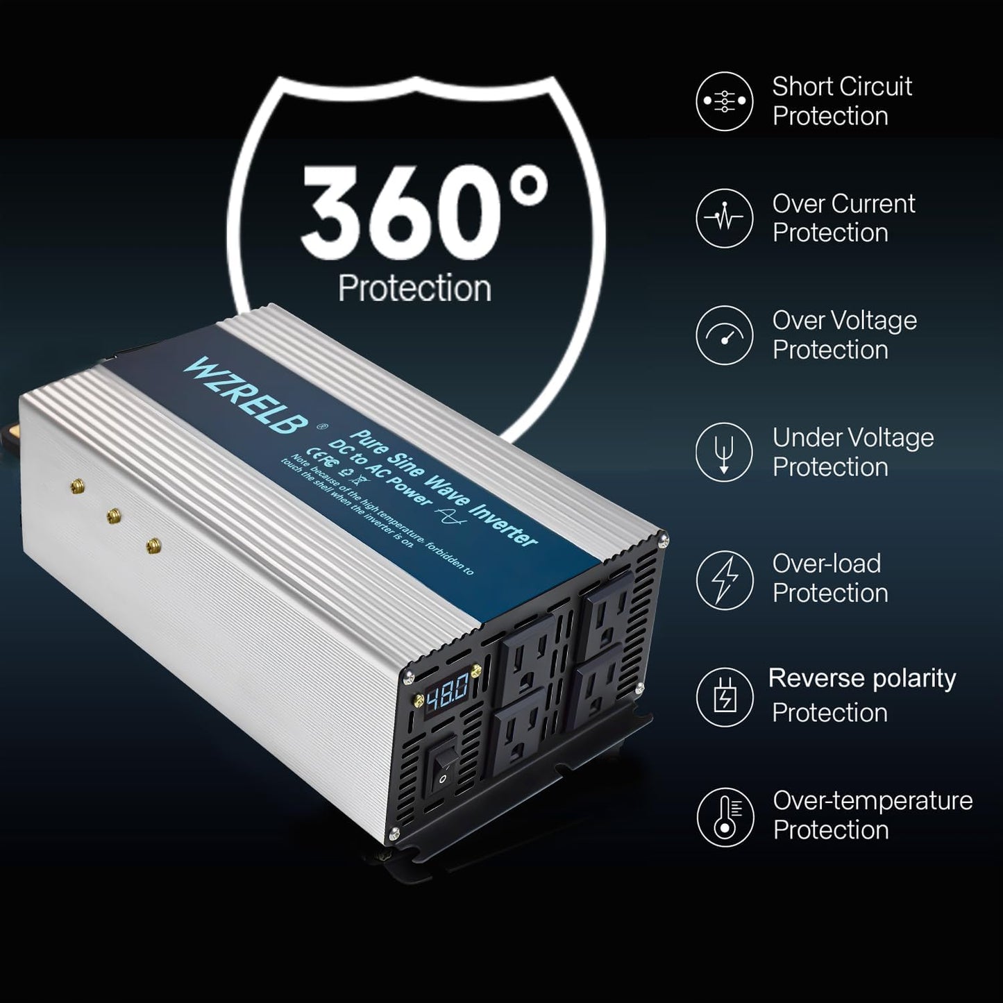 WZRELB 2000W Pure Sine Wave Inverter 48V DC to 110V 120V AC, Car Power Inverter with 4 AC Outlets, LED Display,Off-Grid Portable Power Converter for Home, RV, Truck, Camping
