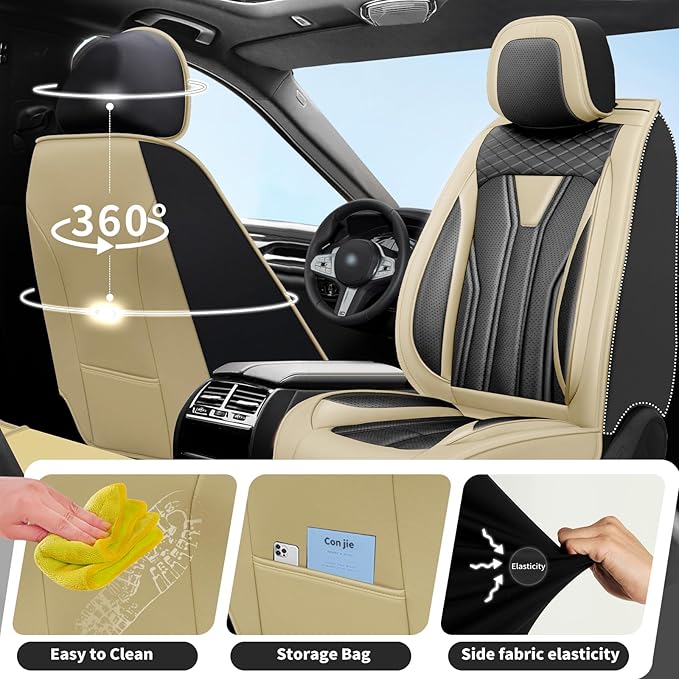 Fit Leaf Car Seat Covers Compatible with Nissan Leaf 2012-2025 2026 - Premium Leather， Waterproof Breathable， All-Weather Seat Cushion Protecto&Airbag Compatible (2 Front Seat Beige&Black)