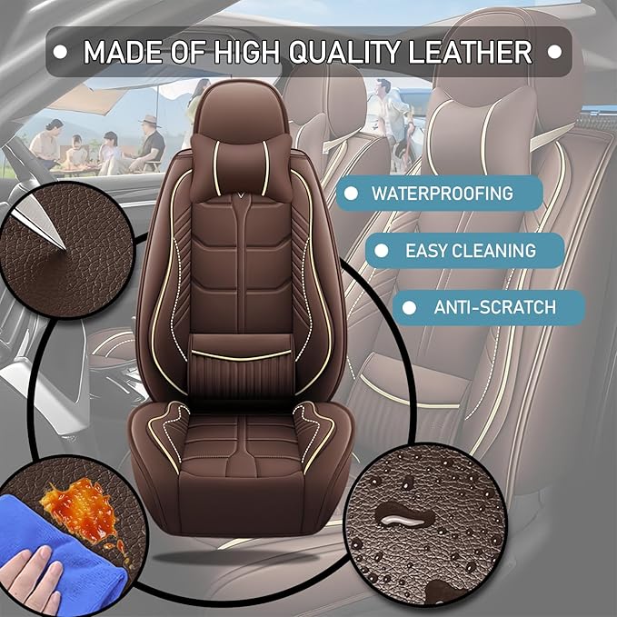 Leather Car Seat Covers Fit for Toyota Matrix 2003-2013, 5 Seater Car Seat Cover, Premium Waterproof, Scratch Resistant Car Interior Accessories (Full Set with Pillow Coffee)