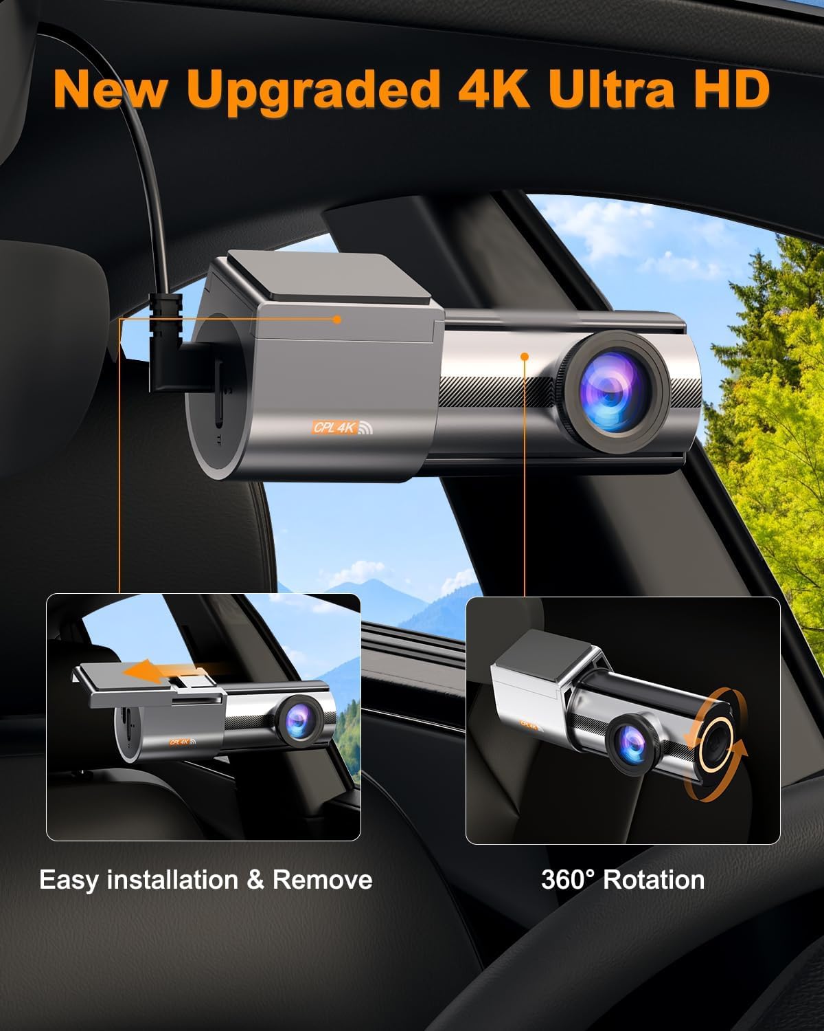 Dash Cam Front 4K, Built-in 5GHz WiFi with CPL, Car Camera Dashcam with UHD 2160P, 64GB Card, 24H Parking Monitor, Super Night Vision, WDR, G-Sensor, App Control, 170° Wide Angle, Support 256GB Max