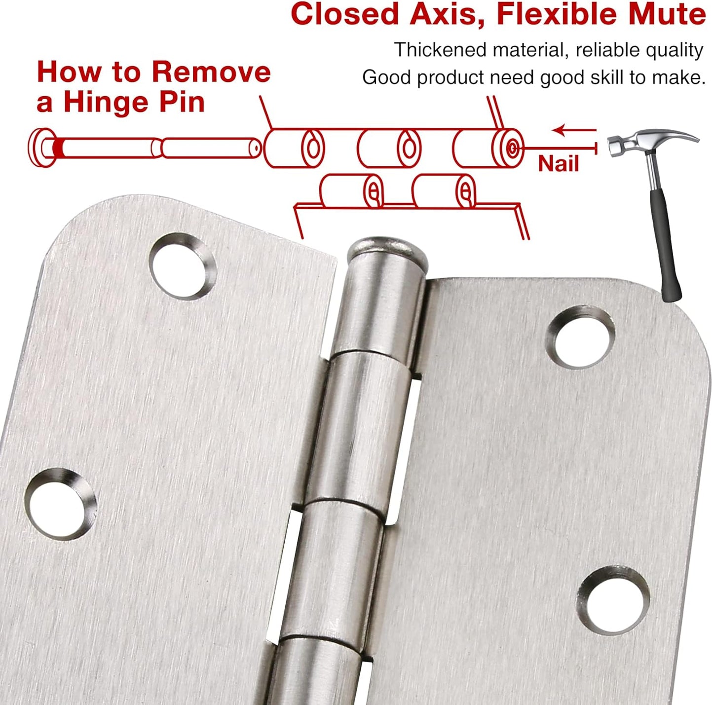 48 Pack Interior Door Hinges Brushed Nickel 3.5 Inch x 3 1/2" Rounded 5/8" Radius 3 ½"Satin Iron Bifold Residential Hinge for French Style Slab Single/Double Doors Hardware Kit Living/Bed Room