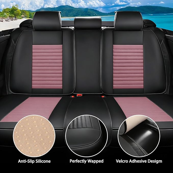 Car Seat Covers Full Set Fit for Toyota Matrix 2003-2014, Premium Faux Leather Car Seat Protector,Breathable Anti-Slip Full Wrapping Edge Seat Covers(Black&Pink,Full Set)