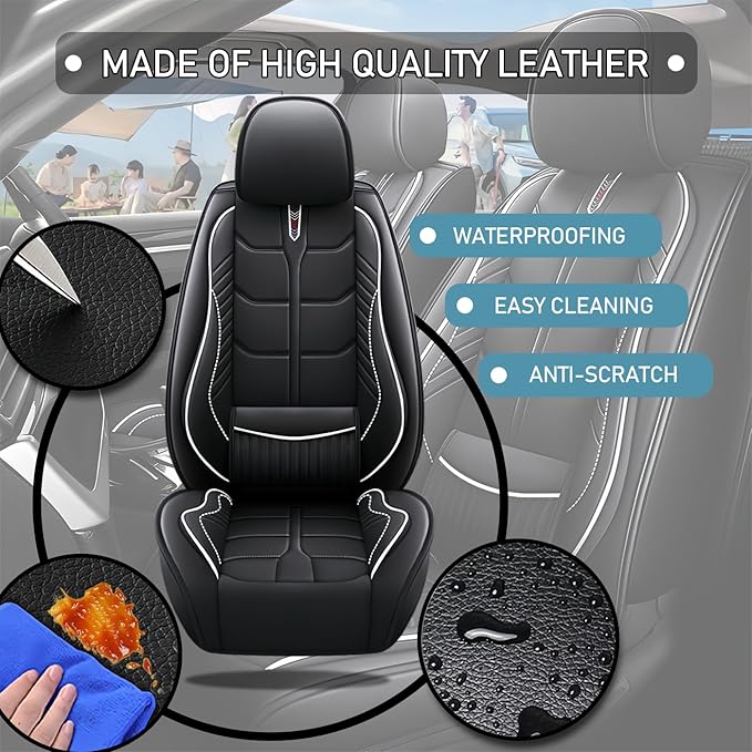 Leather Car Seat Covers Fit for Toyota RAV4 Hybrid 2016-2024, 5 Seater Car Seat Cover, Premium Waterproof, Scratch Resistant Car Interior Accessories (Full Set Black White)