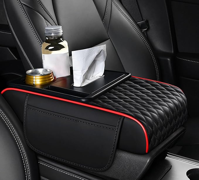 Car Armrest Center Console Cover for Acura MDX 2000–2025, Center Console Pad with Cup Holder, Multifunctional Armrest Cushion,A Black+Red