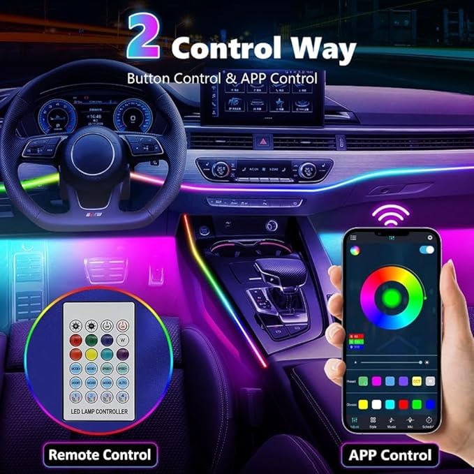 Interior Car LED Strip Lights,116in USB Dreamcolor 4 in 1 Acrylic Neon Flexible Strip Fiber Optic LED Ambient Lighting Kits with Remote APP, RGB Music Lights Sync for Inside car Decorations