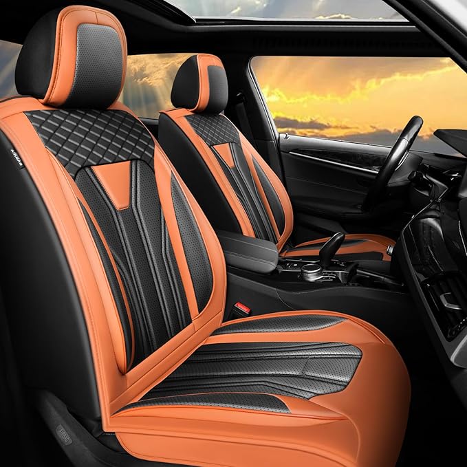 Fit Sonata Car Seat Covers Premium Leather for Hyundai Sonata 2007-2025 2026. Waterproof， Breathable, Scratch-Resistant & All-Weather Seat Cushion Protector（Full Set,Orange&Black