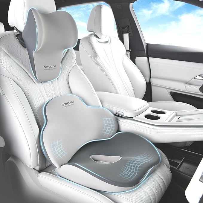 Coverado Seat Cushion and Lumbar Support Headrest Pillow for Car Office Chair, Ergonomic Memory Foam Chair Cushion Back Neck Support Pillow, Sciatica & Back & Tailbone Pain Relief Cushion-Bgray