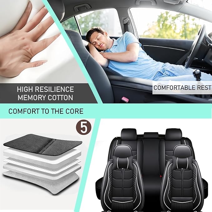 Leather Car Seat Covers Fit for Toyota Sequoia 2001-2024, 5 Seater Car Seat Cover, Premium Waterproof, Scratch Resistant Car Interior Accessories (Full Set with Pillow Black White)