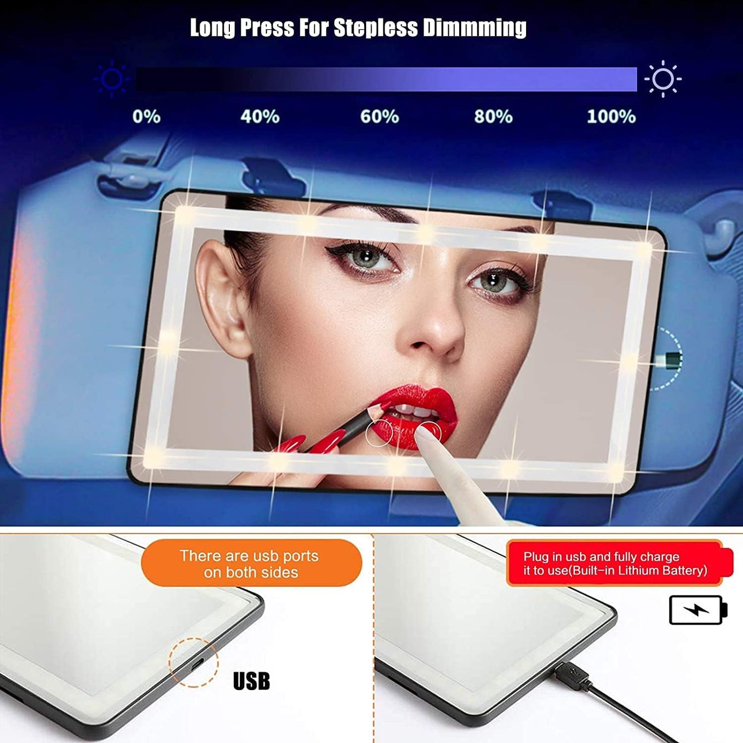 Car Sun Visor Vanity Mirror, Makeup Mirror with 3 Light Modes & 60 LEDs Rechargeable Led Light Car Mirror with Dimmable Touch Screen, Rear View Sun-Shading Travel Cosmetic (Black, 1 Pack)