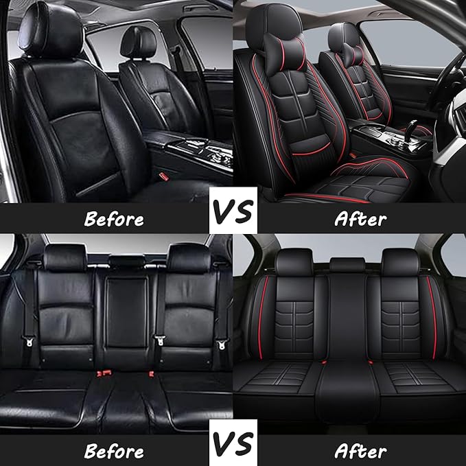 Leather Car Seat Covers Fit for Toyota Matrix 2003-2013, 5 Seater Car Seat Cover, Premium Waterproof, Scratch Resistant Car Interior Accessories (Full Set with Pillow Black White)