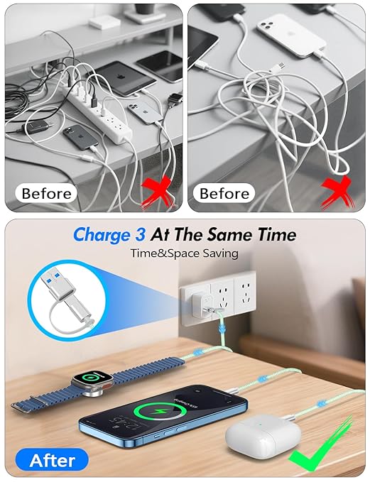 Travel Essentials for Apple Watch Charger,iPhone Charger,3 in 2 Type C/L/Magnetic Fast Charging Cable,Multi Charging Cable Portable Designed for iWatch Series,iPhone 17-11,Galaxy S26-S21,Car-4FT