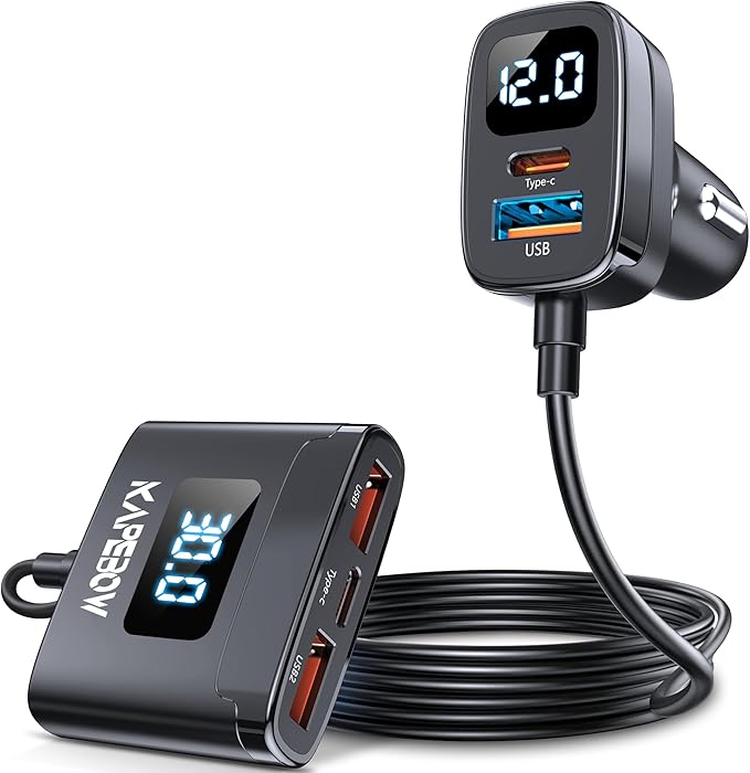 kapebow 78W Fast Charging USB C Car Charger, 5 Port Car Phone Charger with Voltage Display, 5FT Extention PD&QC 3.0 Type C Car Charger for Back Seat for iPhone iPad Samsung Pixel Phones