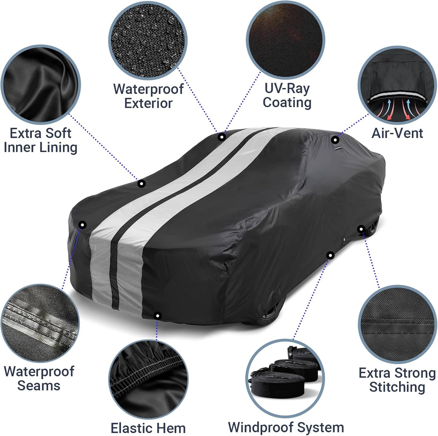 iCarCover Custom Car Cover for Buick Electra (1959-1970) Waterproof All-Weather Rain Snow UV Sun Protector Full Exterior Indoor Outdoor Car Cover (Stripe - Black/Gray)