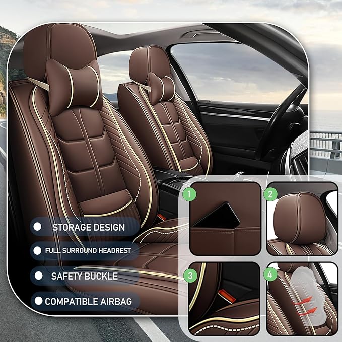 Leather Car Seat Covers Fit for Toyota 4Runner 1991-2024, 5 Seater Car Seat Cover, Premium Waterproof, Scratch Resistant Car Interior Accessories (Full Set with Pillow Coffee)