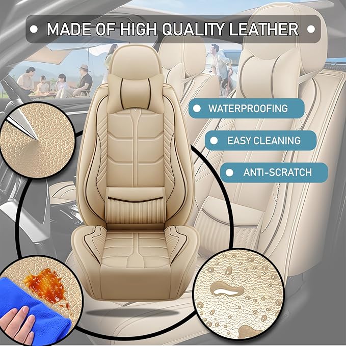 Leather Car Seat Covers Fit for Toyota 4Runner 1991-2024, 5 Seater Car Seat Cover, Premium Waterproof, Scratch Resistant Car Interior Accessories (Full Set with Pillow Beige)