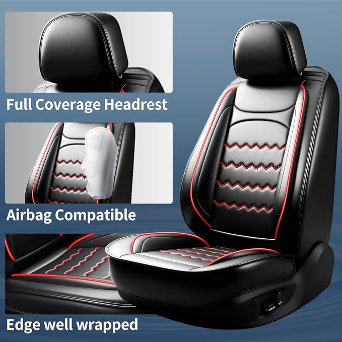 Car Seat Covers Compatible with Mazda 6 2007-2021, Full Coverage Premium Leather Waterproof Breathable Seat Covers, Automotive Seat Protectors, Airbag Compatible(2 Front Seats, Black & Red)