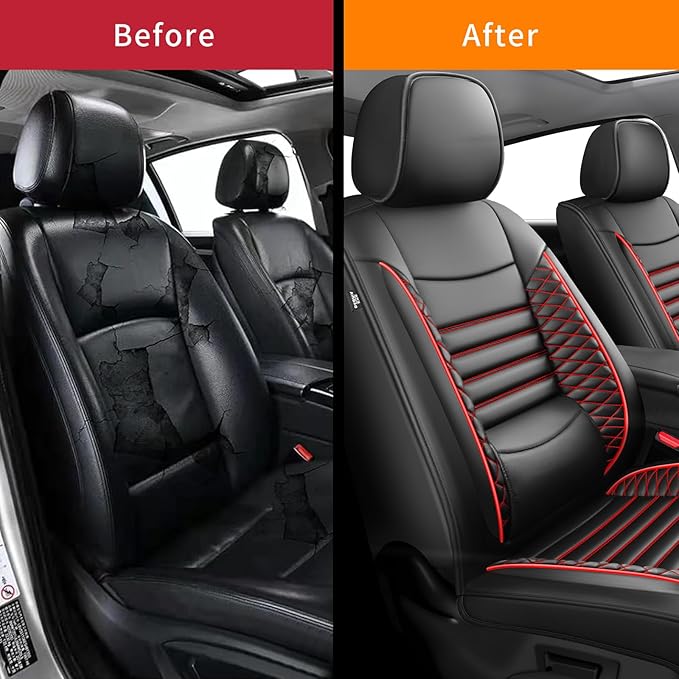 Fit CRV Car Seat Covers for Honda CR-V 2013-2024 2025 2026 - Upgraded Premium Waterproof & Breathable Leather, Airbag Compatible, All-Weather Seat Cushion Protector (2 Front/Black+Red)