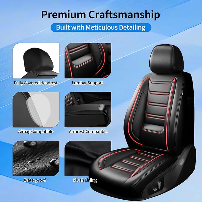 Fit HR-V Car Seat Covers (Front Pair) for Select Honda HRV 2016-2025 2026 LX/EX/EXL/Sport - Full Coverage Leather, Waterproof & All Weather Seat Cushion Protector, Black with Red Trim