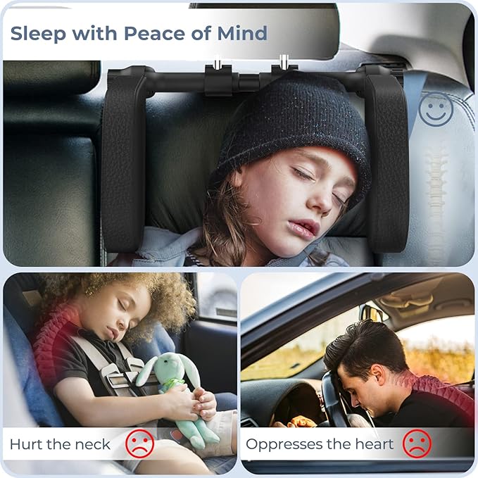 Yoocaa Adjustable Car Headrest Pillow, Road Pal Headrest, U-Shaped Travel Sleeping Pillow for Kids & Adults, Head Neck Support Only Suitable for Car Seat Headrest with Poles, Black