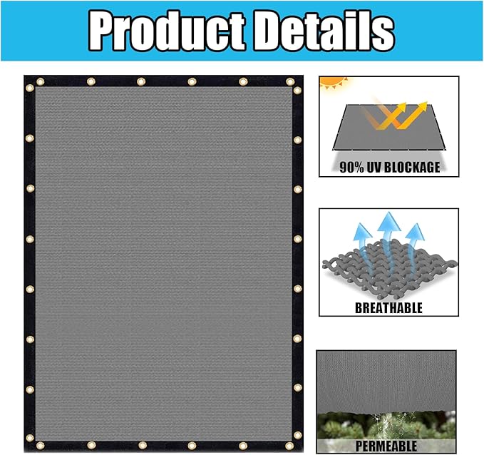 Amagenix 90% Shade Fabric 7'X 11' Gray Sun Shade Cloth with Grommets for Pergola Replacement Shade Cover Canopy, Heavy Duty, Cable Zip Ties Included (We Customized)