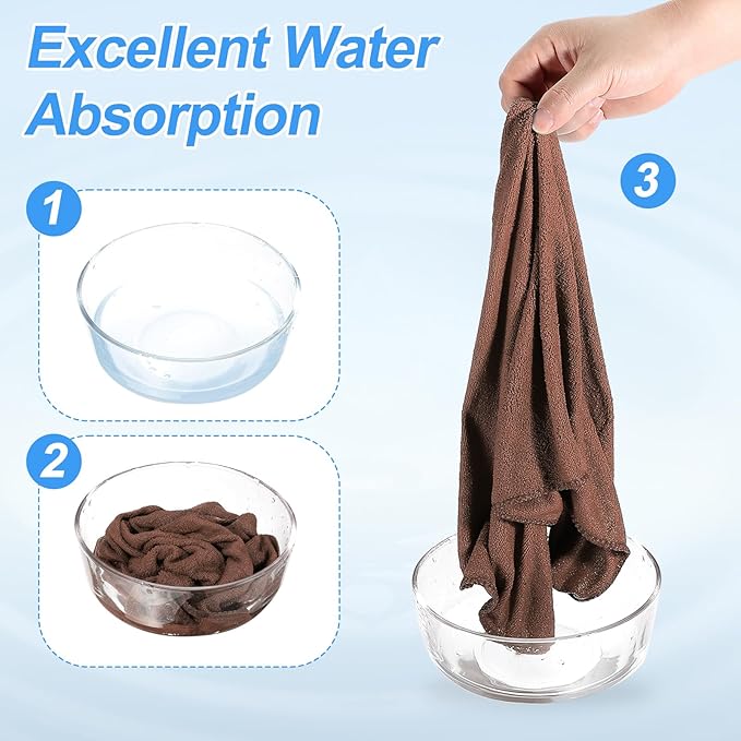 HARFINGTON 4 Pack Microfiber Cleaning Cloth, 14" x 14" Multi-Functional Cleaning Towels Reusable Absorbent Rags with Hook for Car Wash Kitchen Household Window Clean, Brown