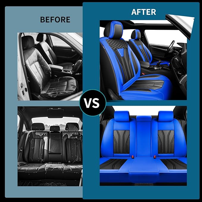 Fit Kona Car Seat Covers for Select Hyundai Kona 2018-2025 2026. Premium Leather, Waterproof， Breathable, Scratch-Resistant & All-Weather Seat Cushion Protector (Full Set, Blue&Black)