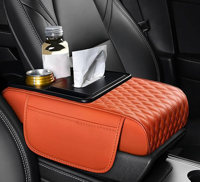 Car Armrest Center Console Cover for Lincoln MKX 2007–2018, Center Console Pad with Cup Holder, Multifunctional Armrest Cushion,F Orange
