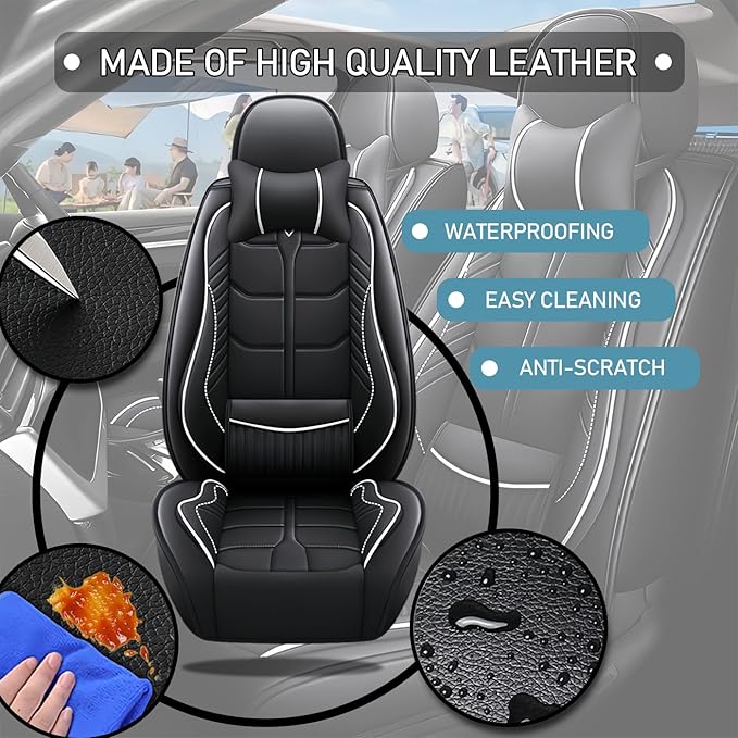 Leather Car Seat Covers Fit for Toyota Avalon Hybrid 2013-2024, 5 Seater Car Seat Cover, Premium Waterproof, Scratch Resistant Car Interior Accessories (Full Set with Pillow Black White)