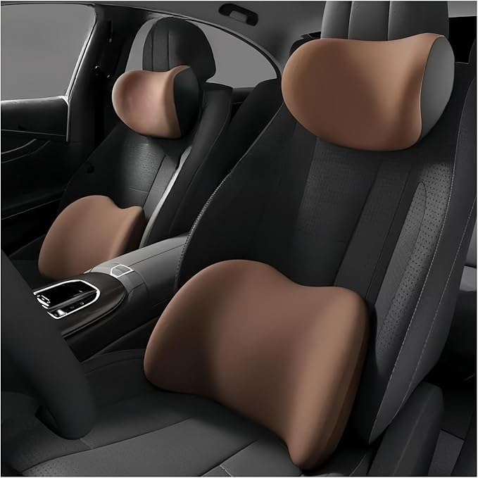 Car Neck Pillow and Lumbar Support Cushion - Memory Foam Backrest for Driver Seat Comfort(Brown)