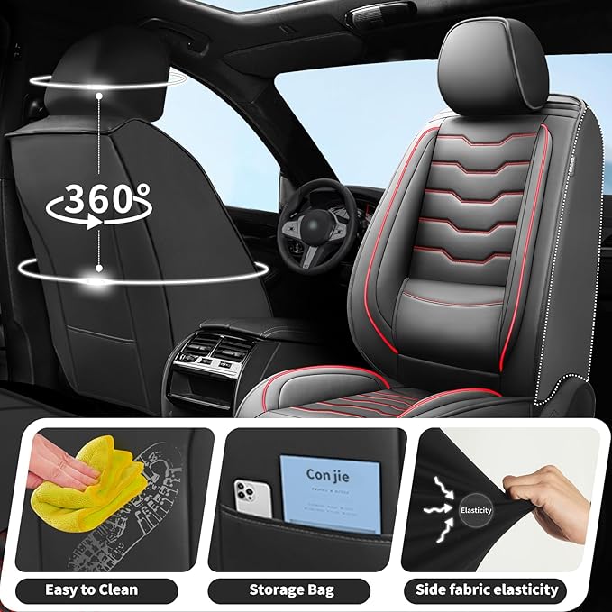 Fit Prius Car Seat Covers for Toyota Prius 2001-2025 2026 -Full Set Premium Leather, Waterproof, Breathable，All-Weather Seat Cushion Protecto & Airbag Compatible, 5-Seats Red Line Black