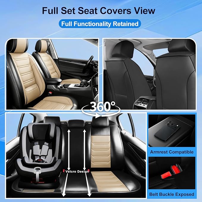 Fit Malibu Car Seat Covers for Chevrolet/Chevy Malibu 2009-2025, Full Coverage Leather, Airbag Compatible, Waterproof All Weather Breathable Seat Cushion Protector, Front Pair Black+Beige