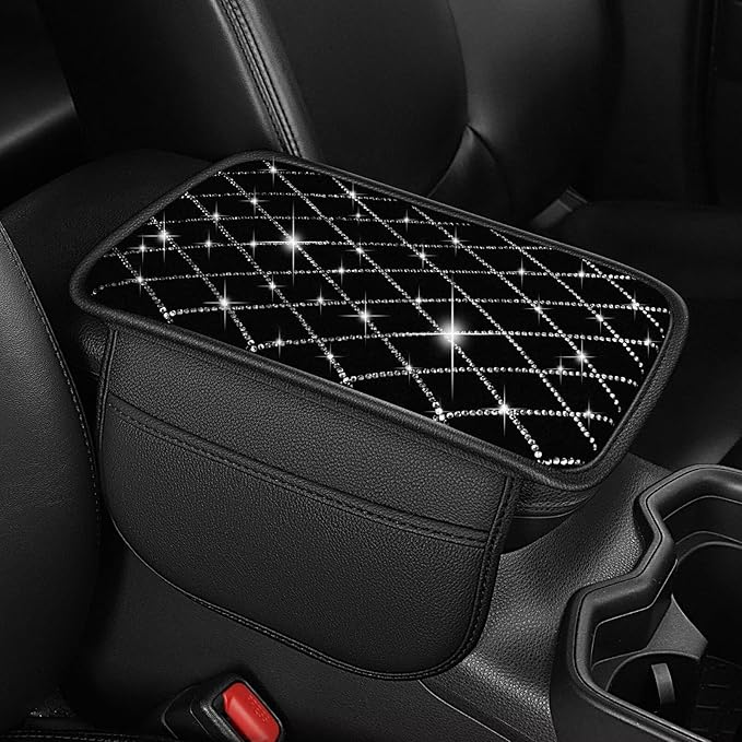 Bling Center Console Cover with 2 Side Pockets Fit for Tacoma Multi-Functional Car Armrest Cushion Diamond-Studded Rhombus Pattern Style(Black&Silver Diamond)