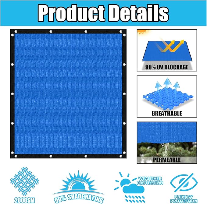 Amagenix 90% Pergola Shade Cover 5' X 10' Sun Shade Cloth with Grommets for Outdoor Garden Patio Porch, Commercial Grade 200 GSM - Cable Zip Ties Included (We Customized) GN108, Blue
