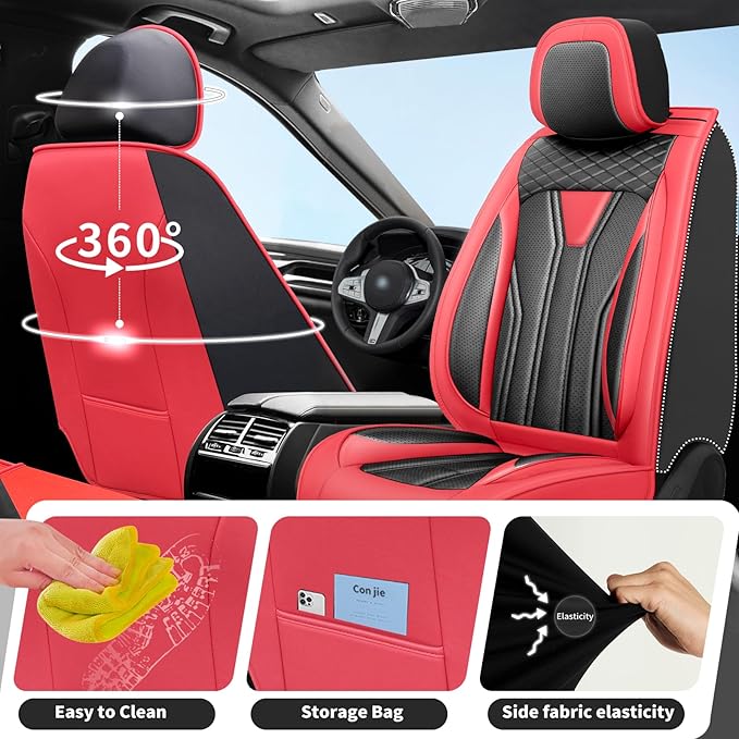 Fit Accord Car Seat Covers Premium Leather for Honda Accord 2012-2025 2026. Waterproof， Breathable, Scratch-Resistant & All-Weather Seat Cushion Protector（Front Seat,Red&Black