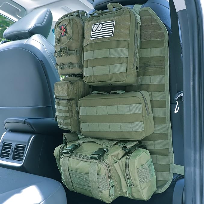 Universal Tactical Seat Back Organizer Vehicle Molle Panel Organizer Storage Bag with 5 Detachable Molle Pouch for All Vehicel Such as Jeep,Truck,SUV, Car, Ford,Chevy etc