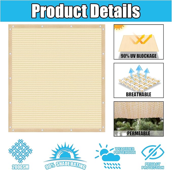 Amagenix 90% Pergola Shade Cover 6' X 11' Sun Shade Cloth with Grommets for Outdoor Garden Patio Porch, Commercial Grade 200 GSM - Cable Zip Ties Included (We Customized) GN108, Wheat