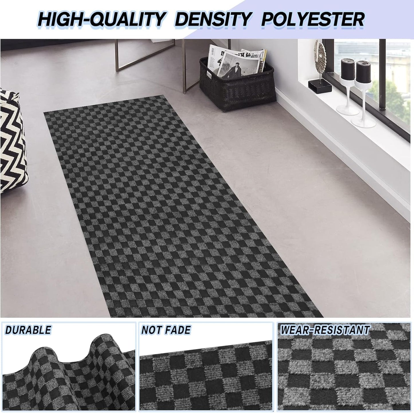 Custom Size Backed Non-Slip Area Rugs Runner, Easy Clean, Waterproof Runner Rugs for Hallway Entryway, Kitchen, Laundry, 2FT x 10FT, Gray Checkered