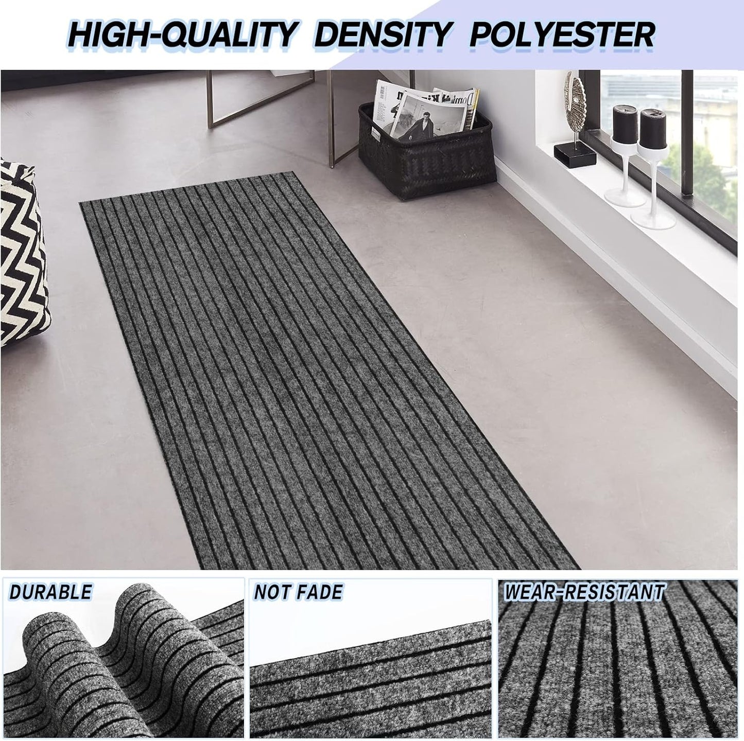 Custom Size Backed Non-Slip Area Rugs Runner, Easy Clean, Waterproof Runner Rugs for Hallway Entryway, Kitchen, Laundry, 2FT x 73FT, Gray Stripe