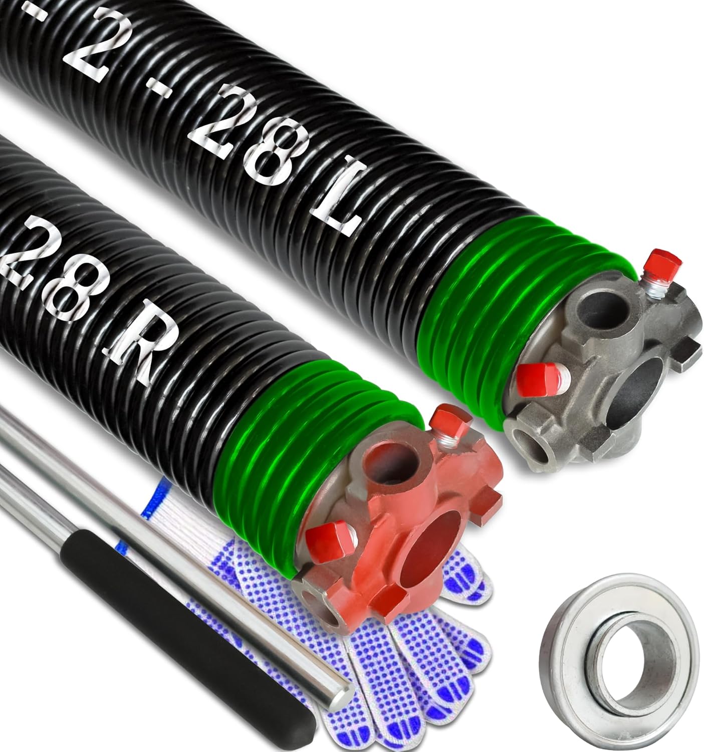 Garage Door Torsion Spring Set, Pair of 2" Electrophoresis Coated Garage Door Spring Replacement with 2 Non-Slip Winding Bars and Bearing, Minimum 16000 Cycles (.243x2x28")