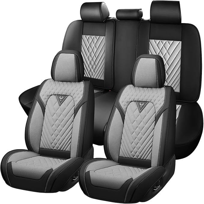 Truck Seat Covers for GMC Sierra 2500 2007-2026, Waterproof Premium Leather Full Coverage Car Seat Cover, Muscle Sport Style Auto Interior Seat Cover Sets (Full Set/Black Gray)