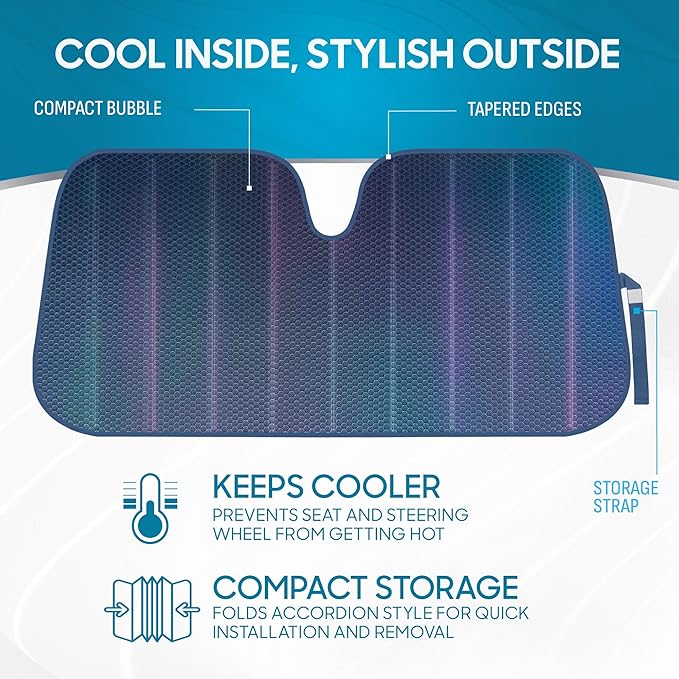 BDK Iridescent Matte Black Front Windshield Sunshade Accordion Folding Style Auto Shade for Car Truck SUV Van Blocks UV Rays Sun Visor Protector Easy Setup Keeps Your Vehicle Cool - 58 x 27 inches