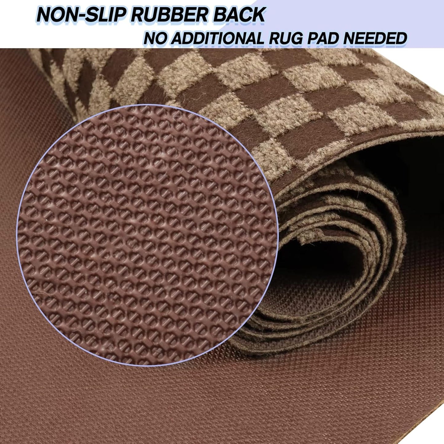 Custom Size Backed Non-Slip Area Rugs Runner, Easy Clean, Waterproof Runner Rugs for Hallway Entryway, Kitchen, Laundry, 2FT x 13FT, Brown Checkered