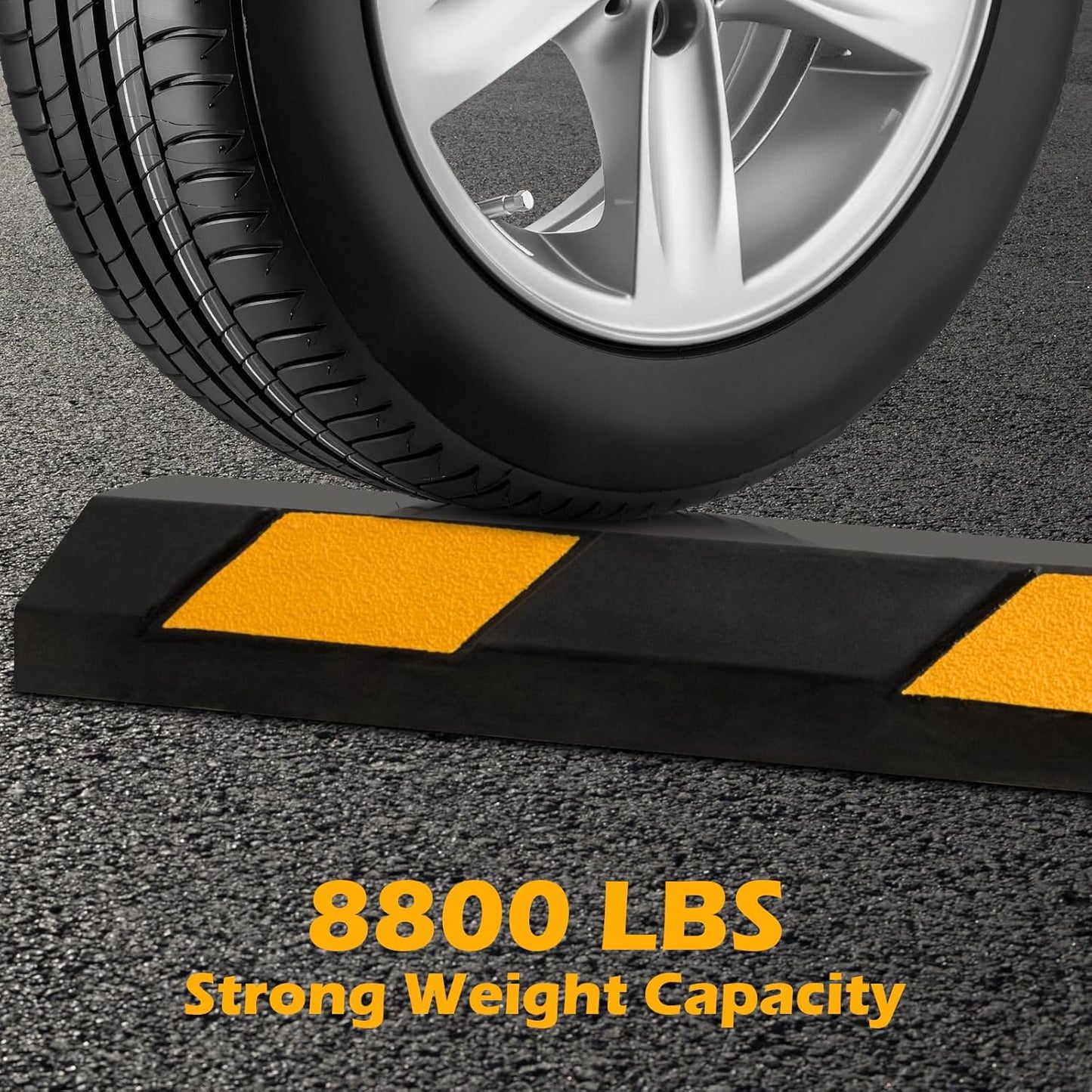 Rubber Parking Curb Garage Floor Stopper, 72" Heavy Duty Parking Lot Stopper with Yellow Reflective Stripes, Guide Wheel Stopper for Car, Truck, RV, Trailer, Driveway (2 Pack)
