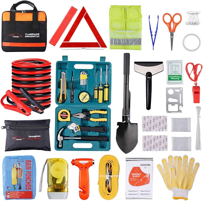 Vetoos Car Roadside Emergency Kit with Jumper Cables, Auto Vehicle Safety Road Side Assistance Kits, Winter Car Kit Essentials for Women and Men, with Car Repair Tool Set, Folding Survival Shovel